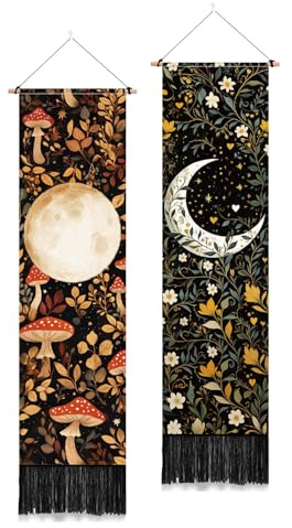 PLIGREAT Arazzo con nappe e luna e fiori, da appendere alla parete, verticale, stile bohémien, per camera da letto, soggiorno, dormitorio, confezione da 2