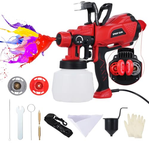 Pistola de Pintura Eléctrica con Luz LED 1200 ml Pulverizador de Pintura HVLP 3 Boquillas y 3 Patrones Pulverización de Pintura Correas de Hombro y Flujo Ajustables para Muebles Paredes de Cerca
