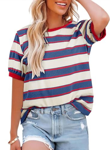 Womens Tops Cotton Casual Color Block Striped Short Sleeve Shirts Crewneck T Shirts Loose Basic Tee Blouses Blue White M
