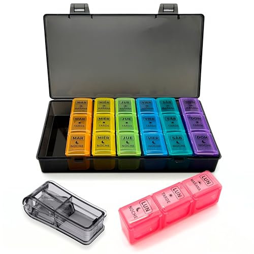 Pastillero Semanal 3 Tomas Diario con Cortador Pastillas - Organizador de Medicamentos en Colores por Día, Caja de Pastillas de Viaje Duradera y Portátil, Ideal para Medicación Regular