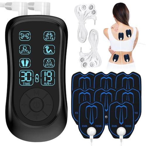 Mineup TENS/EMS Gerät Schmerztherapie, 2 Kanäle TENS Reizstromgerät, Muskelstimulator Mit 6 Modi Und 19 Intensitäten, EMS TENS Gerät Schmerztherapie Mit 8 Stück Pads Für Muskelaufbau Schmerzlinderung