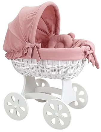Wiklinopol Stubenwagen, Moseskorb Baby mit Gestell Annabell – Bollerwagen mit Rollen aus Naturweide – inkl. Matratze & 5-TLG. Rosa Musselin-Bettwäsche – Korb: Weiß