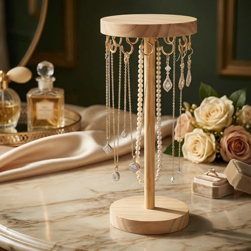 Soporte para cadenas con 12 ganchos, giratorio, soporte para joyas de madera, portátil, soporte giratorio para joyas, joyas, almacenamiento para anillos, pendientes, hogar, dormitorio o tocador