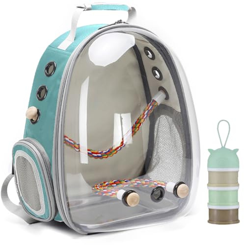 Bird Traval Carrier Cage, Clear Space Capsule Astronaut Backpack to Carry Parakeet Cockatiel Parrot with Metal Tray Bird Feeder Wood Perch, Vet Transport School Bag