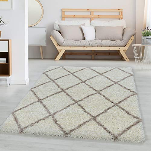 Carpettex Hochflor Teppich Wohnzimmer Skandinavische Rauten Design Flur Teppich Creme 60 x 110 cm - Shaggy Teppich Schlafzimmer Läufer Flauschiger Teppich Weich Langflor Teppich Esszimmer Küchenläufer