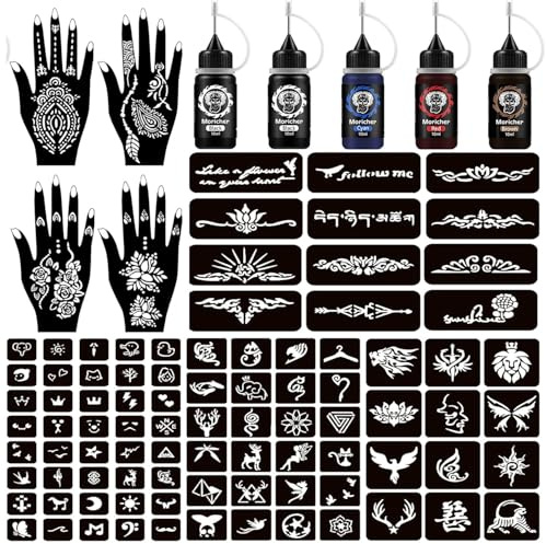 Moricher Henna tattoo kit Temporary Tattoo Kits 5 cones 96 Stencils Gifts for DIY Art Party