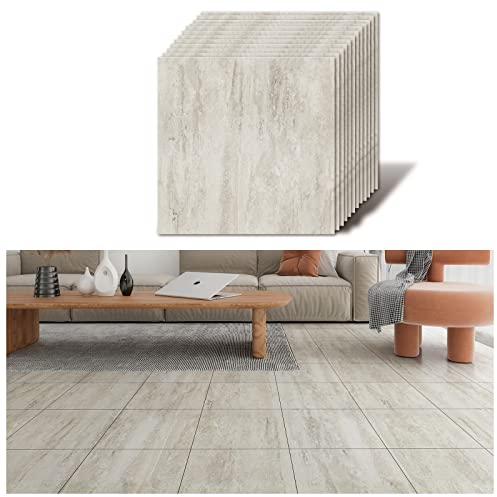 VEELIKE Pavimento Adesivo Effetto Cemento Beige Mattonelle Adesive Pavimento Cucina Impermeabile Adesivi per Piastrelle Pavimento Bagno Carta Adesiva Vintage Camera da Letto 1.5mm 30cm x 30cm 12 Pezzi