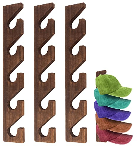 SOEWIOU Hutablage für Baseballkappen, Wandmontage, Holzhut-Aufbewahrung, Organizer, Kleiderbügel, vertikaler Huthalter, Kappen für Schrank, Tür, Schlafzimmer, Eingangsraum, Waschküche (braunes Holz)