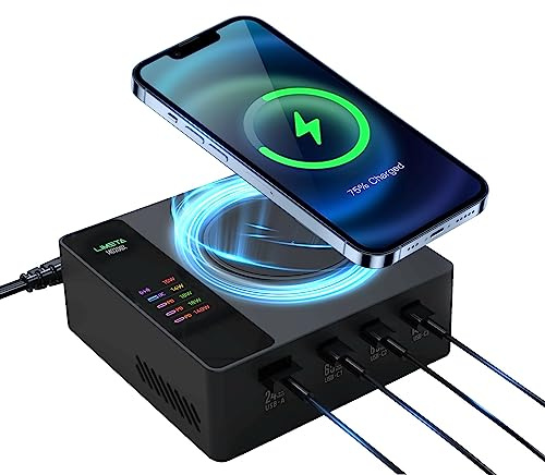 LIMETA MD200X 200W USB C Charger, 5-in-1 Fast USB Charging Station with LCD Display, 3 C Port（Max140W）+1 A Port + 1 Wireless Charger,Compatible with MacBook Pro 16, Dell XPS, iPhone 16 Pro, Galaxy S24
