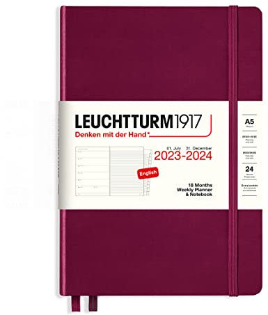 LEUCHTTURM1917 367686 Weekly Planner & Notebook Medium (A5) 2024, 18 months, Port Red, English