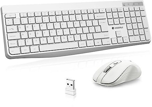 KOORUI Tangentbord och mus trådlöst, tyst mus, tangentbord, set, tysk layout QWERTZ med 12 funktionstangenter, 2,4 GHz tangentbord, musset för fönster, MacOS,Linux-vit