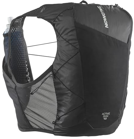 Salomon Active Skin 12 Chaleco de Hidratación Trail Running Senderismo Trail Running Senderismo MTB Unisexo con frascos de hidratación incluidos, Hidratación Sencilla, Ajuste preciso, Negro, XS