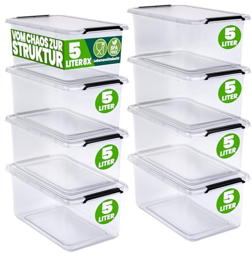 Deuba® 8x Contenitore Trasparente 5L con Coperchio BPA Free Scatole Impilabili Scatola Organizer Cucina Congelatore Contenitori Plastica Box Frigo