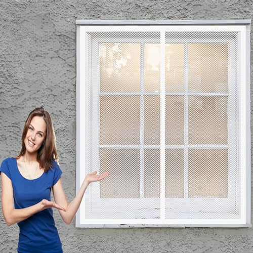 Mosquiteras Mosquiteras Pantalla 128 x 140 cm Mosquitera para Ventanas Cierre Automático sin Taladrar Fácil de Ensamblar Cortina Antimoscas para Balcón y Puerta Ventana, Blanco
