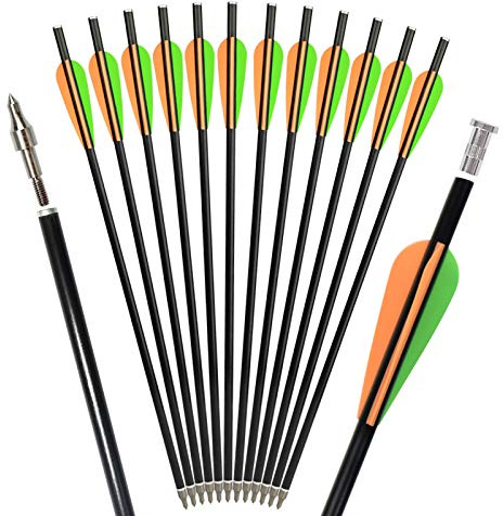 ELONG Fiberglass Crossbow Bolts 12inch Hunting Archery Arrows with 3 Orange Vanes Flat Nock Replaced Arrowhead Tip(Pack of 12)