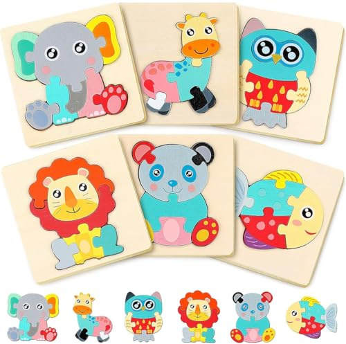6 pcs Puzzle Madera Infantil,Juguetes Montessori Puzzles Número Animal Juguetes Bebes Educativos, Juguete Educativo de Rompecabezas para Niños de 1-4 Años, Rompecabeza de Madera