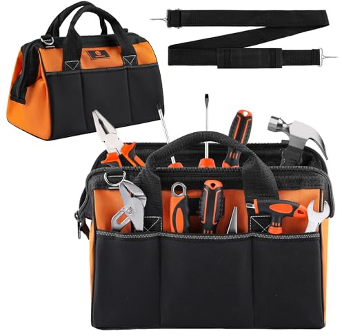 ROCKCOON Verktygsväska 35 cm, tjock ytterficka verktyg organiserare vattentät, slitstark tygväska med axelrem för verktygsförvaring, svart och orange