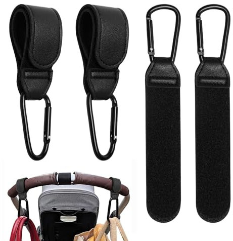4 Stück Kinderwagen Haken für Wickeltaschen, Verstellbare Kinderwagen Taschen Halterung, Kinderwagenhaken aus Leder, Anhänger für Kinderwagen, Kinderwagen Zubehör Taschenhaken