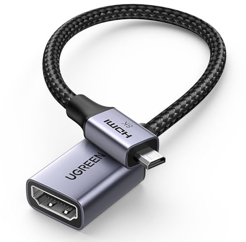 UGREEN 8K Micro HDMI auf HDMI 2.1 Adapter 8K@60Hz 4K/2K/1080P@240Hz Bidirektionale Kabel eARC/ARC HDR VRR ALLM Atmos HDCP 48Gbps Kompatibel mit Raspberry Pi 5 Kamera Laptop Xbox Series X PS5 (25cm)