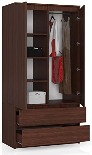 BDW - Armario ropero de 2 Puertas, 4 estantes, Perchas, 2 cajones, Armario para el Dormitorio, salón, vestíbulo, 180 x 90 x 51 cm, Wenge
