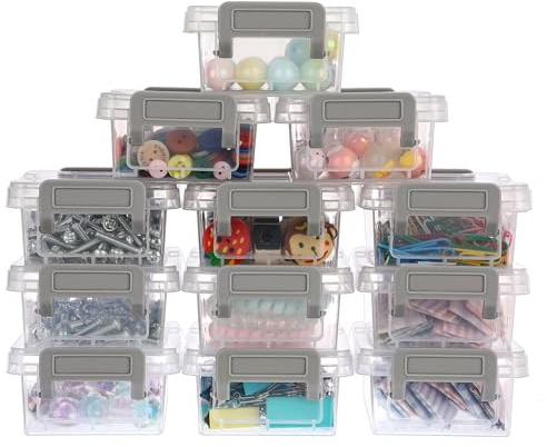 OGANAZI 12er Klein Transparent Aufbewahrungsboxen Plastik Organizer mit Deckel Stapelbare Mehrzweckbox für Eisenwaren, Büromaterial, Schreibwaren, Bastelzubehör, Haar-Accessoire 12x8x4,5 cm, nur Boxen