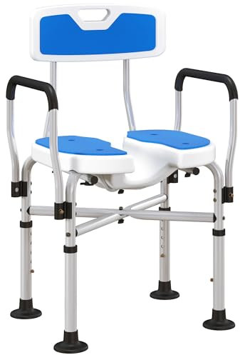 HOMCOM Silla Ducha Personas Mayores Silla de Ducha con Asiento Ranurado Altura Regulable Taburete de Ducha Antideslizante con Respaldo y Reposabrazos Carga 136 kg para Discapacitados Azul