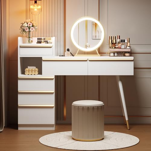 KEFSR Modernt sminkbord med LED-spegel med 3 lägen, 2 stora lådor, utdragbar design och säkra kanter - miljövänligt material (vit, 6 lådor)