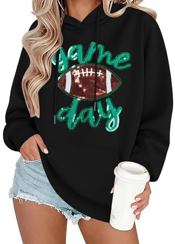 FASHGL Game Day Football Sweatshirt Women: Funny Football Graphic Hoodie Sunday Funday Pullover Hoodies Long Sleeve Tops Black