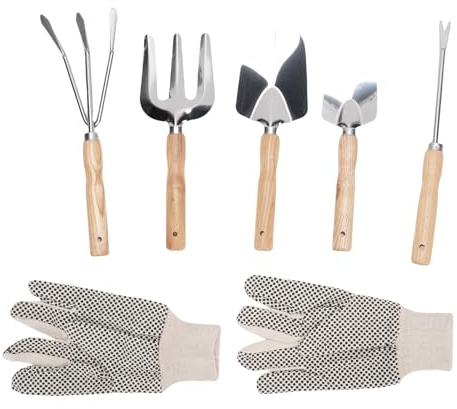 Sahgsa Juego de herramientas de jardinería de acero inoxidable con mango de madera – Pala, paleta, deshierbe, tenedor y rastrillo + guantes de lino – Ideal para huertos y plantas de flores