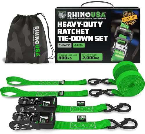 Rhino USA Kit Cinghie a Cricchetto Resistente (2 Pezzi) - 4cm x 2,4m (2000 kg di resistenza alla rottura) - Cinghie di Fissaggio Ultimate Ganci di Sicurezza Camion, ATV, UTV, Moto, Carico - Verde