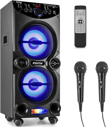 Fenton LIVE2104 Karaoke Anlage mit 2 Mikrofonen und Fernbedienung, Partybox Bluetooth Karaoke Maschine, Musikbox Bluetooth Groß, MP3-Player und LED Partylicht, SD, USB - Schwarz