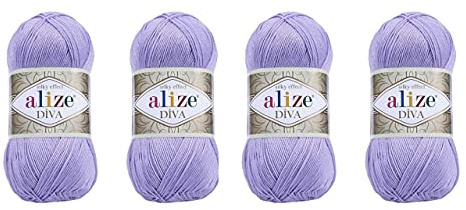 Hilo para tejer a mano, 100 % microfibra acrílica, hilo Alize Diva, efecto seda, hilo de ganchillo, arte, encaje, manualidades, lote de 4 madejas de 400 g, 1532 yardas (158)