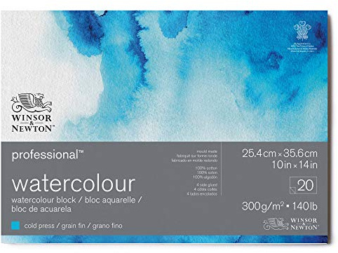 Winsor & Newton Carta per acquarello Professional, Grana Fine, 300gr, Cotone 100%, Bianco Naturale, Priva di Acidi, 25,4X35,6CM, Blocco incollato 4 Lati, 20 fogli