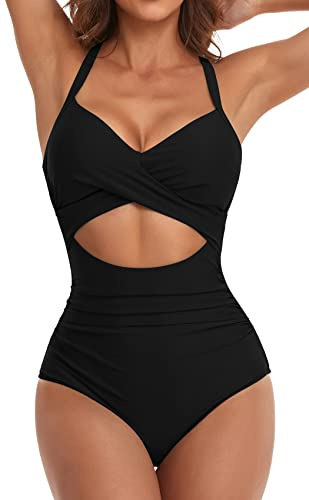 Eomenie Traje de baño de una Pieza para Mujer con Cuello en V Profundo y Volantes Monokini Traje de baño Acolchado, Negro-01, M