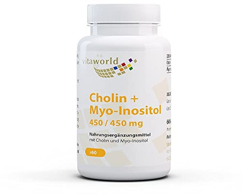 Cholin Inositol - Cholin Kapseln hochdosiert 450mg + Myo-Inositol 450mg pro Tag (60 vegane Kapseln) - unterstützt Leberfunktion & Fettstoffwechsel - laborgeprüft, ohne Zusätze, glutenfrei - vitaworld