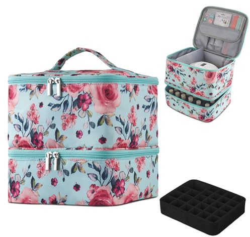 Buruis Double-Layer Nail Polish Organizer Bag, Holds 27 Bottles (15ML/0.5 FL.OZ or Larger), Nail Tools & Dryer Storage Case with Adjustable Dividers (Aqua Floral)