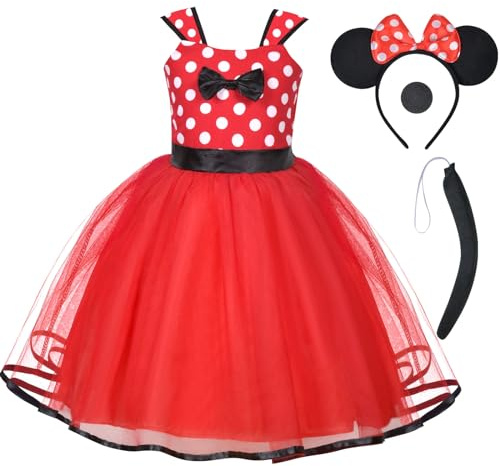 ACWOO Deguisement Robe Princesse Minnie Bebe Fille, 4Pcs Polka Dot Princesse Robe Minnie Déguisement avec Bandeau d'oreille, À Pois, Minnie Déguisement pour Cosplay Anniversaire Halloween Noël