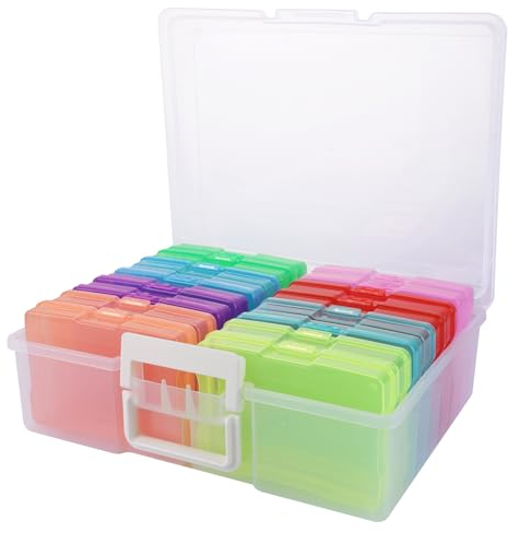 AKOLAFE Fotobox Aufbewahrungsbox 38x31x13cm Foto Aufbewahrungsbox mit 16 innere Fotohalter 17x11x3cm Mehrfarbig Foto Organizer Box Sortierboxen für Kleinteile für Karten, Bilder, Stempel, Bürobedarf
