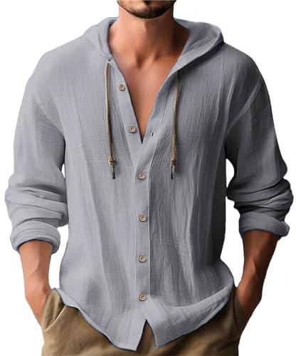 Chemise Lin Homme Col Mao Couleur Uni Henley Shirts Casual Blanche Manches Longues Chemises en Lin Été à Capuche Haut Blouse Boutonnés Hoodie Cordon De Serrage Cotton