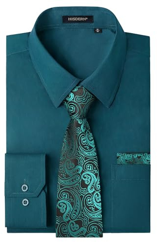 HISDERN Camisa Hombre Rojo Manga Larga Formal Camisas y Corbata Elegante Camisa de Vestir de Negocios Boda con Bolsillo Regular Fit XXL