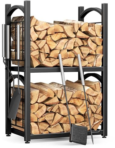 HFHOME Estantería interior para leña exterior 2 en 1, soporte para leña de chimenea, 78 x 46 x 32 cm, con accesorios para estufa, pala, escoba, pinza, atizador