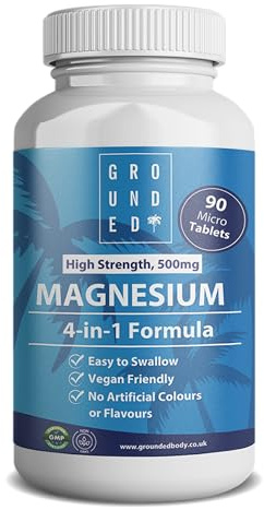Grounded 500mg 4-in-1 Magnesium Micro Tablets with Magnesium Oxide, Chelate, Citrate & Glycinate - x90 Easy-to-Swallow, Vegan Supplement - Supports Sleep, Energy, Muscle Health & Relaxation, UK Made