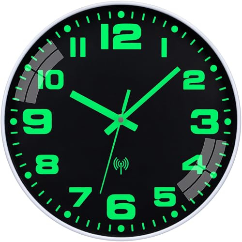 NESIFEE Wanduhr Funk Funkuhr Wand Leuchtend Funkwanduhr Wanduhr Ohne Tickgeräusche 25 cm Schwarz batteriebetriebene Uhr für Küche, Wohnzimmer, Schule, Büro, Badezimmer