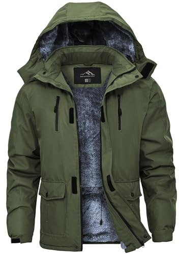 Tansozer Chaqueta Esquí Hombres Invierno Impermeable Parka Cálida Térmica Laboral Chaleco Polar con Capucha, Verde Ejército, XL