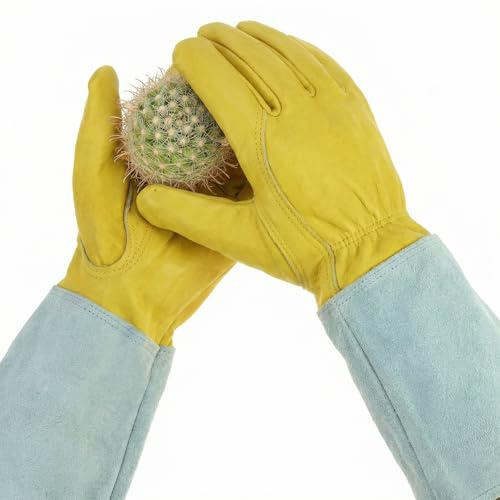 QWORK® Guantes de jardinería resistentes a espinas para hombre y mujer, guantes largos de cuero para podar plantas espinosas, talla M