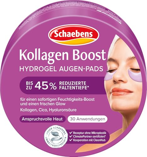 Schaebens Kollagen Boost Hydrogel Augen-Pads, 60 Stück für 30 Anwendungen, für einen sofortigen Feuchtigkeits-Boost und einen frischen Glow mit Kollagen, Cica und Hyaluronsäure