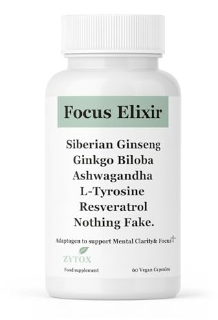 Zytox Focus Elixir Nootropic Brain Supplement for Focus, Memory, Mental Clarity & Energy, Ashwagandha, Ginkgo, Siberian Ginseng, L-Theanine, Adaptogenic Brain Support,60 Vegan Capsules