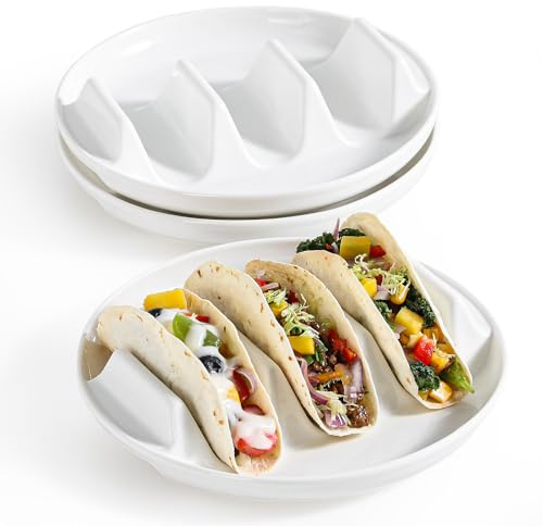 Dizada Taco Holders Set of 3, 9 inch Taco Plates Ceramic Taco Stand with Dividers for Hard/Soft Taco Shells,Reusable & Non-Slip Taco Holder Stands Taco Serving Tray, Dishwasher & Microwave Safe
