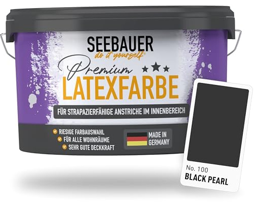 SEEBAUER diy Latexfarbe Schwarz für Innen 2,5L (No. 100 Black Pearl) - Seidenmatte Innenfarbe für Putz, Beton & Mauerwerk - Abwaschbare Wandfarbe für Küche & Bad