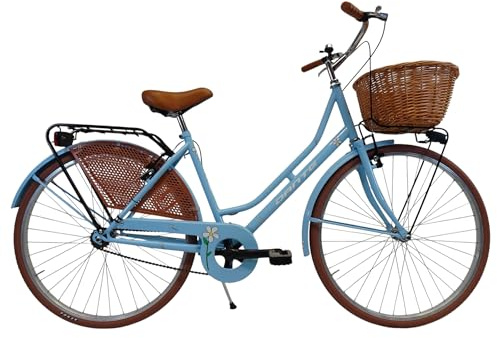 CICLI DANTE - Bicicletta donna da città per passeggio Olanda 26, classica stile retrò ad una velocità, con particolati miele e cestino anteriore in vimini (Azzurro pastello,Margherite)